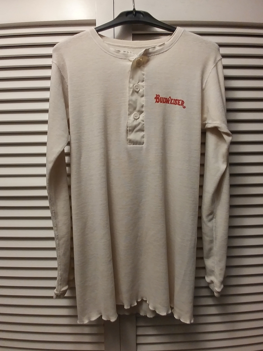Vintage Budweiser Cream Long-Sleeve Henley with Red Logo